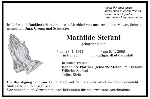 Klein Mathilde 1917-2005Todesanzeige